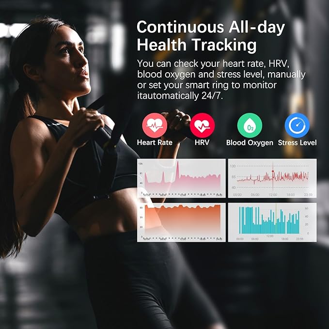 Smart Health Ring for Women Men, Fitness Tracker Ring with Heart Rate, Blood Oxygen, Sleep Tracker, Step Tracker, No Subscription Fee, IP68 Waterproof Smart Ring for iPhone & Android (Black, 10#)