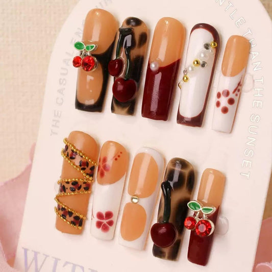 100% 5D Handmade Press on Nails with Charms Long Square Nails Press ons- French Tips False Nails Brown Cherry Butterfly Red Charms Press on Nails for Women Girls Daily Wear DIY Manicure Size M