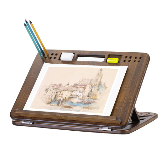 StrongTek Bamboo Table Easel, 16 x 12 Inch Adjustable Drawing Board, 6-Position Desktop Drafting and Sketching Board with Handle and Back Storage for Drawing, Painting, Reading and Writing