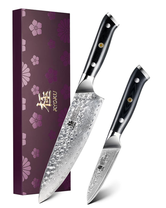 KYOKU Knife Set, Shogun Series 2pc Japanese Style Kitchen Knife Set, 8" Chef 3.6" Paring Knife with Sheath Gift Box, Professional Sharp Damascus Stainless Steel Knives for Meat Vegetable Fruit