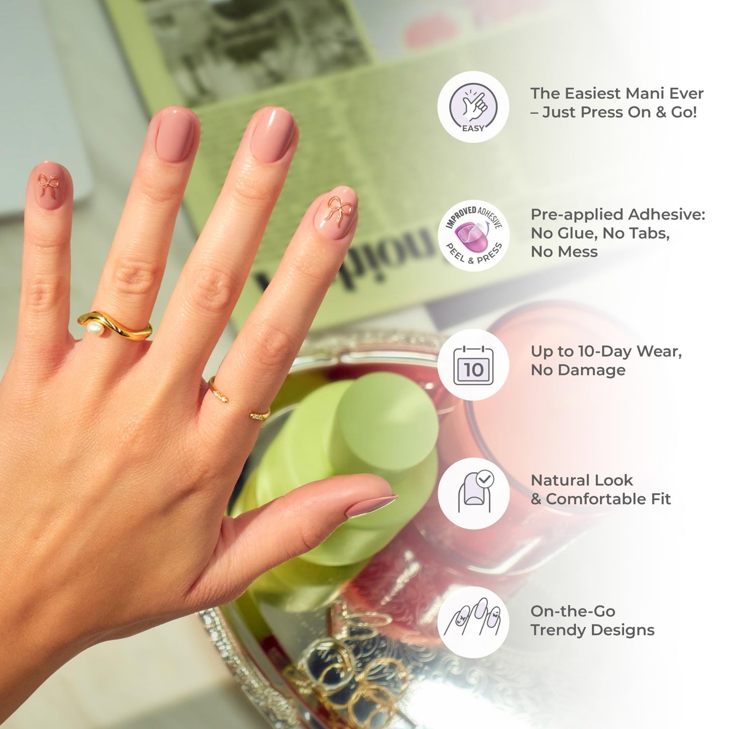 Kiss Impress No Glue Mani Press On Nails, Design, 'Glow Muse', Pink, Medium Size, Almond Shape, Includes 30 Nails, Prep Pad, Instructions Sheet, 1 Manicure Stick, 1 Mini File