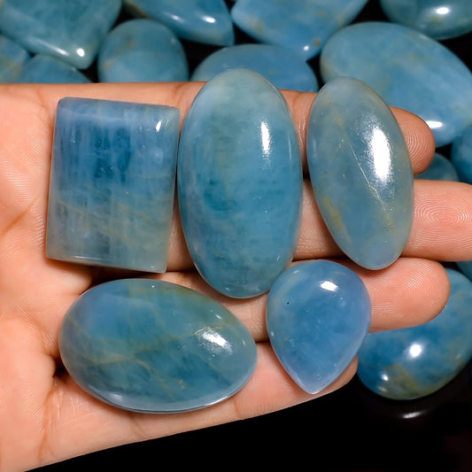 Natural Aquamarine Gemstone- Chakra Healing Crystals Gemstones for DIY Jewelry Making -Loose Polished Cabochon -Perfect for Crafting Meditation Jewelry Gift for Her Mother Wife (5 pcs, 25-35 mm)