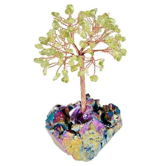 mookaitedecor Peridot Crystal Tree on Rainbow Titanium Crystal Cluster Stone Base Money Tree of Life for Good Luck Table Decoration 4.5-5.7 Inches