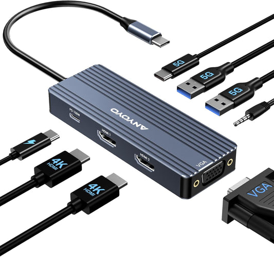 ANYOYO 8-in-1 3 4K +PD100W+Audio USB C Docking Station Dual HDMI Monitor Adapter USB C HUB Monitors Adapter with HDMI