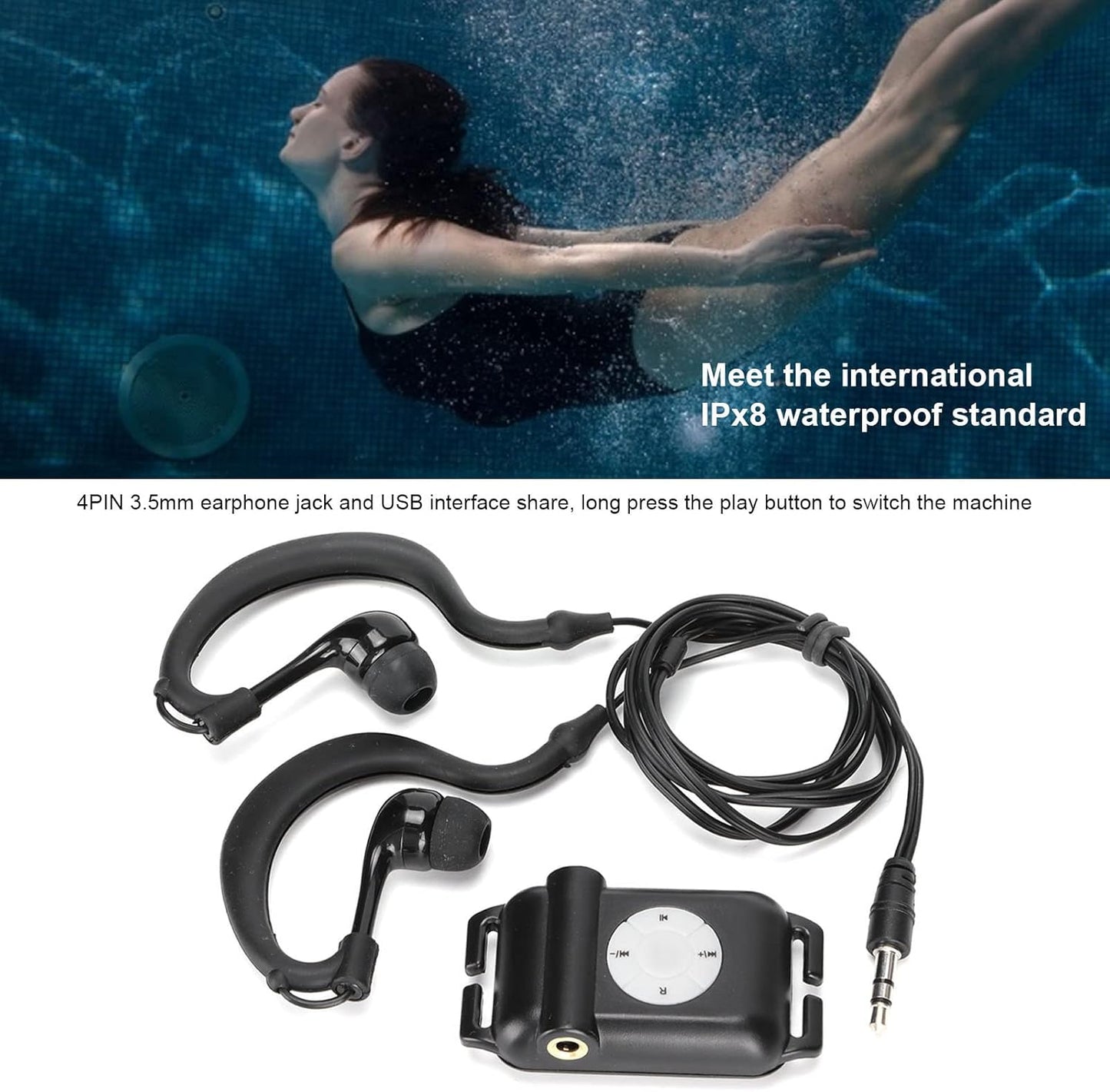 Beufee Mp3 Swimming, Swimming Headset Mp3 Swimming MP3 Waterproof Player for Underwater Player Music Player Player