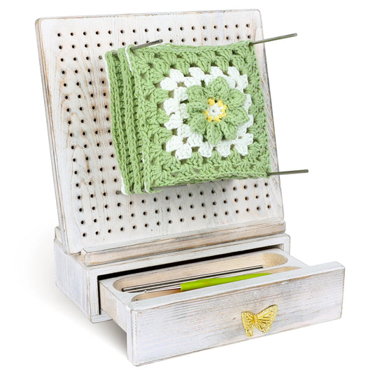 Premium Beech Wood Crochet Blocking Board Kit with 50 Stainless Steel Pins, Storage Drawer, Adjustable Stand, Ideal for Granny Squares, Crochet Projects, and Knitting (9.5" Pine)