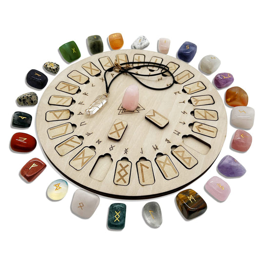 Rune Stone Set, Wooden Disc with Eternal Life Inscription and Mixed Color Crystal Rune Set for Meditation and Witchcraft Healing, Chakra Balancing for Beginners (Mixed Color Rune Set)