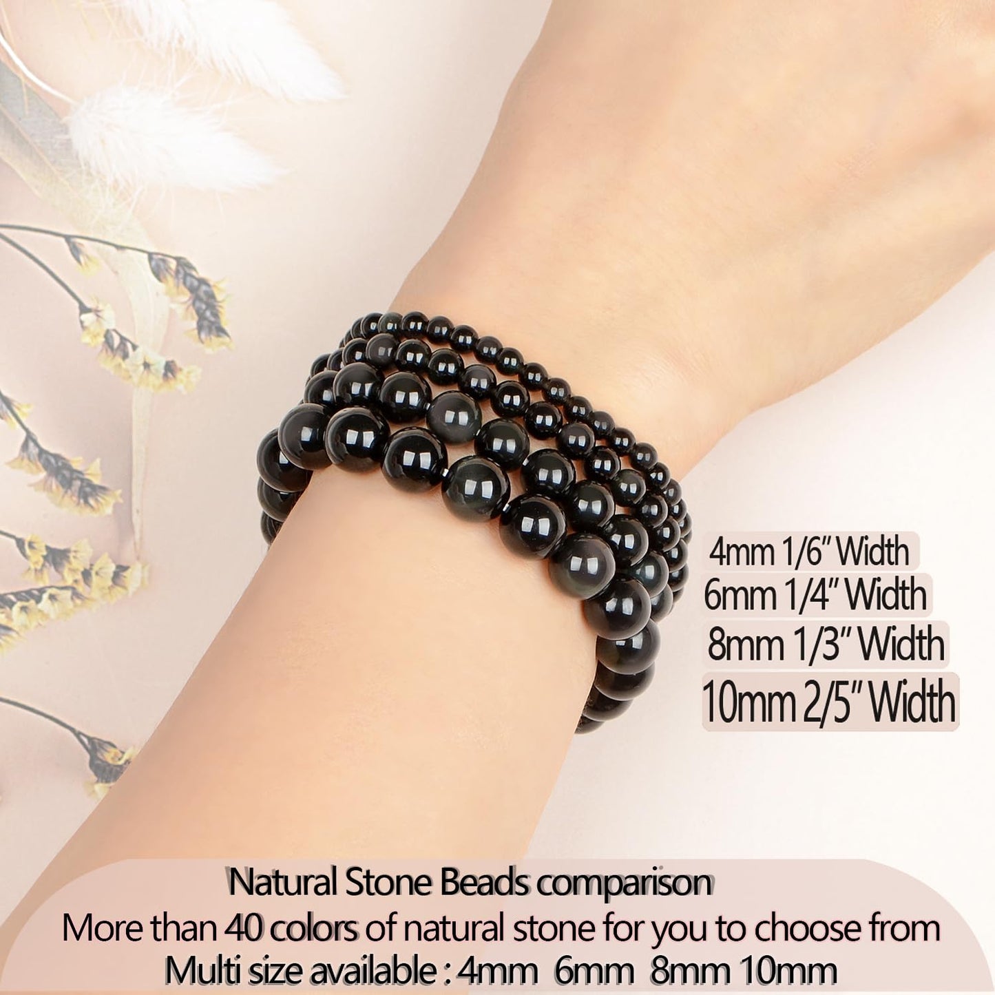 LPBeads Handmade Natural Gemstone Stretch Elastic 6m Black Obsidian Bracelet Healing Crystal Round Stone Beads Jewelry Gifts for Women Men