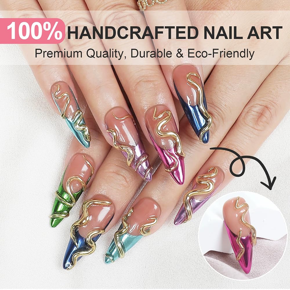 Handmade Press on Nails Long Stiletto False Nails Blue Cat's Eye Fake Nails with 3D Flower Designs Sparkly Charm luxury Artificial Nails for Women (Size M）10pcs