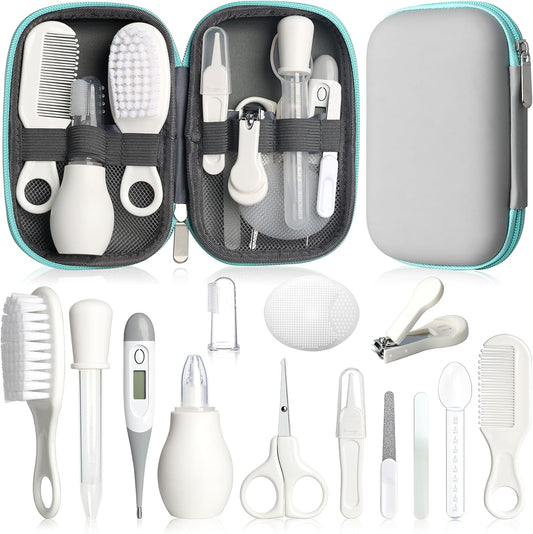 Skiennix Baby Grooming Kit - Infant Safety Care Set with Hair Brush, Nail Clipper & Nasal Aspirator | Grey & White