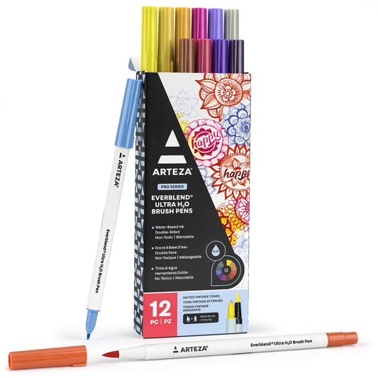 ARTEZA Dual Tip Brush Pens, 12 Vintage Tones, Watercolor Calligraphy Markers, Nylon Brush and Fine Tip, Water-Based Ink, for Illustration, Lettering