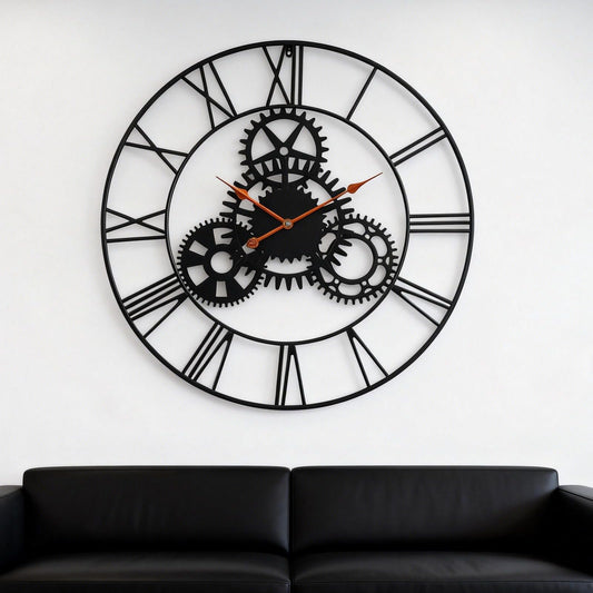 AMAATE Steampunk Wall Clock 32 Inch, Industrial Metal Gears with Roman Numerals, Retro Distressed Finish Mechanical Art for Bar, Living Room, Cafe Decor