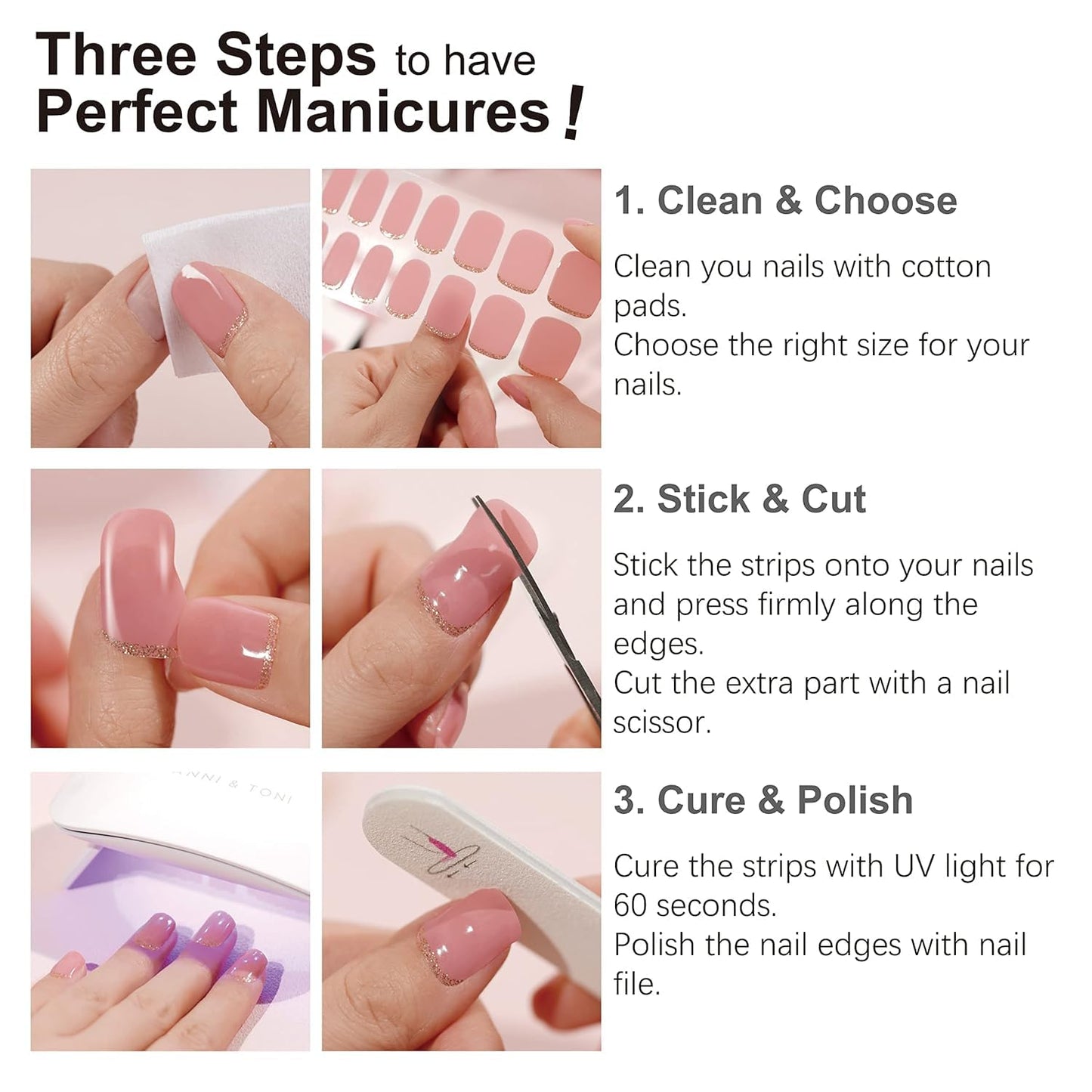 DANNI & TONI Semi Cured Gel Nail Strips Floral (Petal Kiss) Pink White Ombre Gel Nail Wraps 28 Stickers