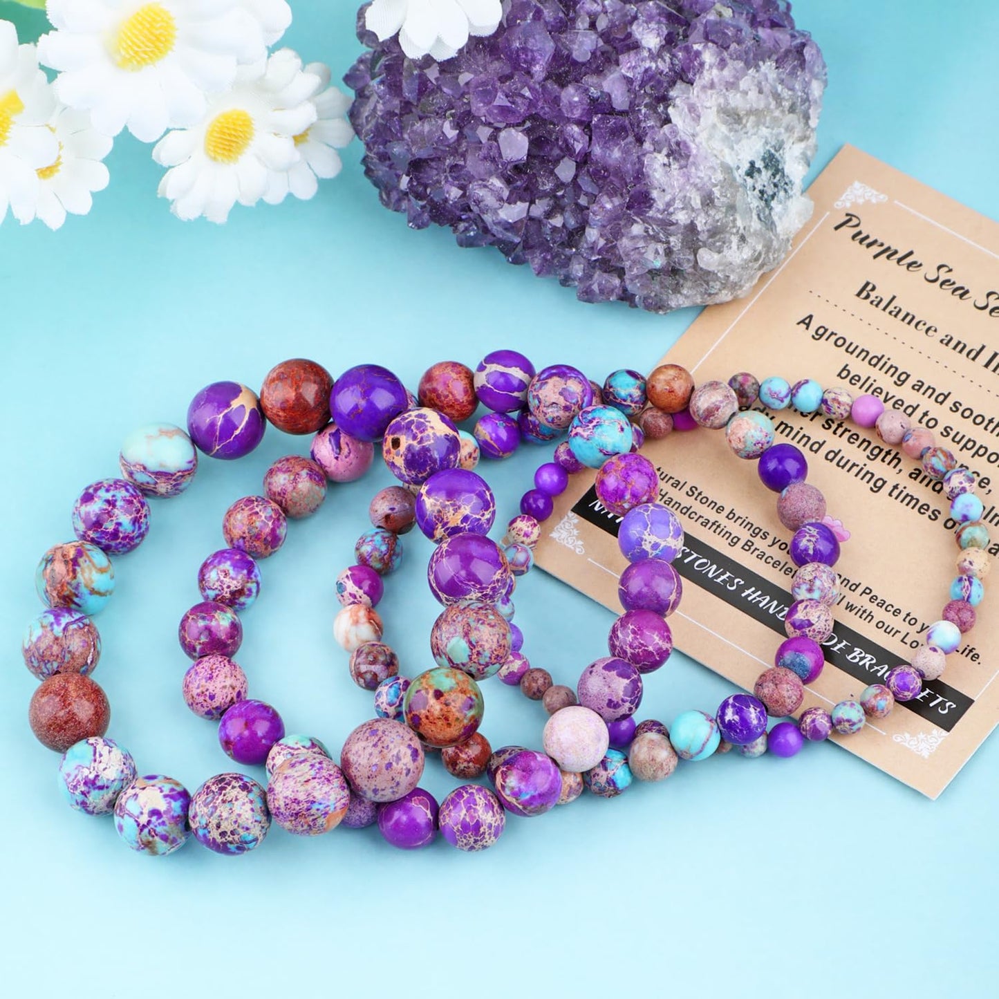 AD Beads 10mm Handmade Purple Sea Sediment Imperial Jasper Elastic Bracelet – Natural Gemstone for Joy & Positivity – Meditation, Yoga, Healing and Energy Gift for Men Women