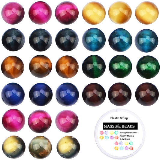 100Pcs Natural Crystal Beads Stone Gemstone Round Loose Energy Healing Beads with Free Crystal Stretch Cord for Jewelry Making (Multicolor Tiger Eye9, 8MM)