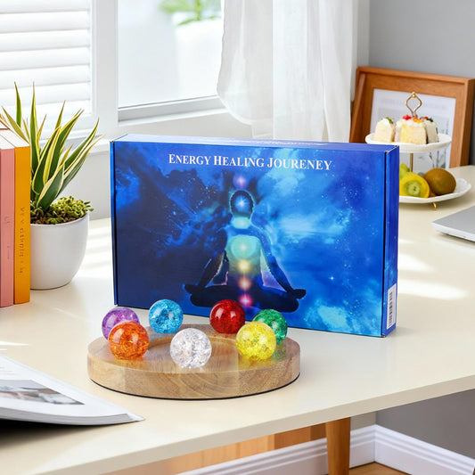 Wulqiiy 7 Colors Healing Crystal Balls Set with LED Wooden Base, 1.57'' Ice Cracked Chakra Spheres, Quartz Energy Orbs for Meditation, Positive Vibes for Home Night Light Decor