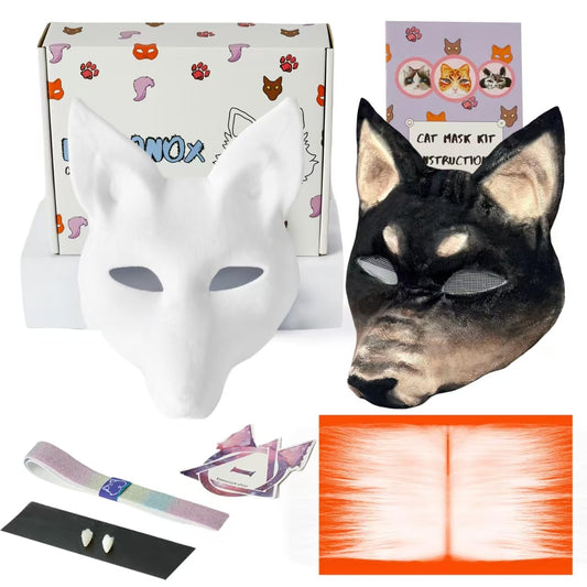 KemonoX Therian Canine Wolf Mask Kit - White Fleeced Wolf Mask Base with Faux Fur, Eye Mesh and Cat Like Fuzzy Fabric - Felted for You, Skip the Messy Work
