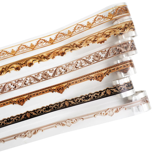 AuriicLeaf 6 Rolls Vintage European PET Border Tape with Clip, Baroque Carved Look Peel and Stick Decorative Trim for Scrapbook Journal Collage Planner Crafts