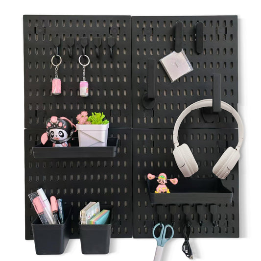 ANTHOSPACE Black Pegboard Organizer Set with Hooks & Storage Boxes, Desk or Wall Peg Board Panels for Tools, Crafts, and Office Supplies – 4 Boards (30×30 cm Each)