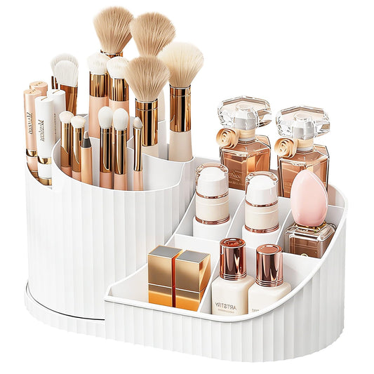 Anyoifax 360 Rotating Makeup Brush Holder Organizer with Divider 5 Slots Make Up Brushes Cup Flower-Shaped Spinning Pen Holder for Vanity, Cosmetics, Lipsticks, White