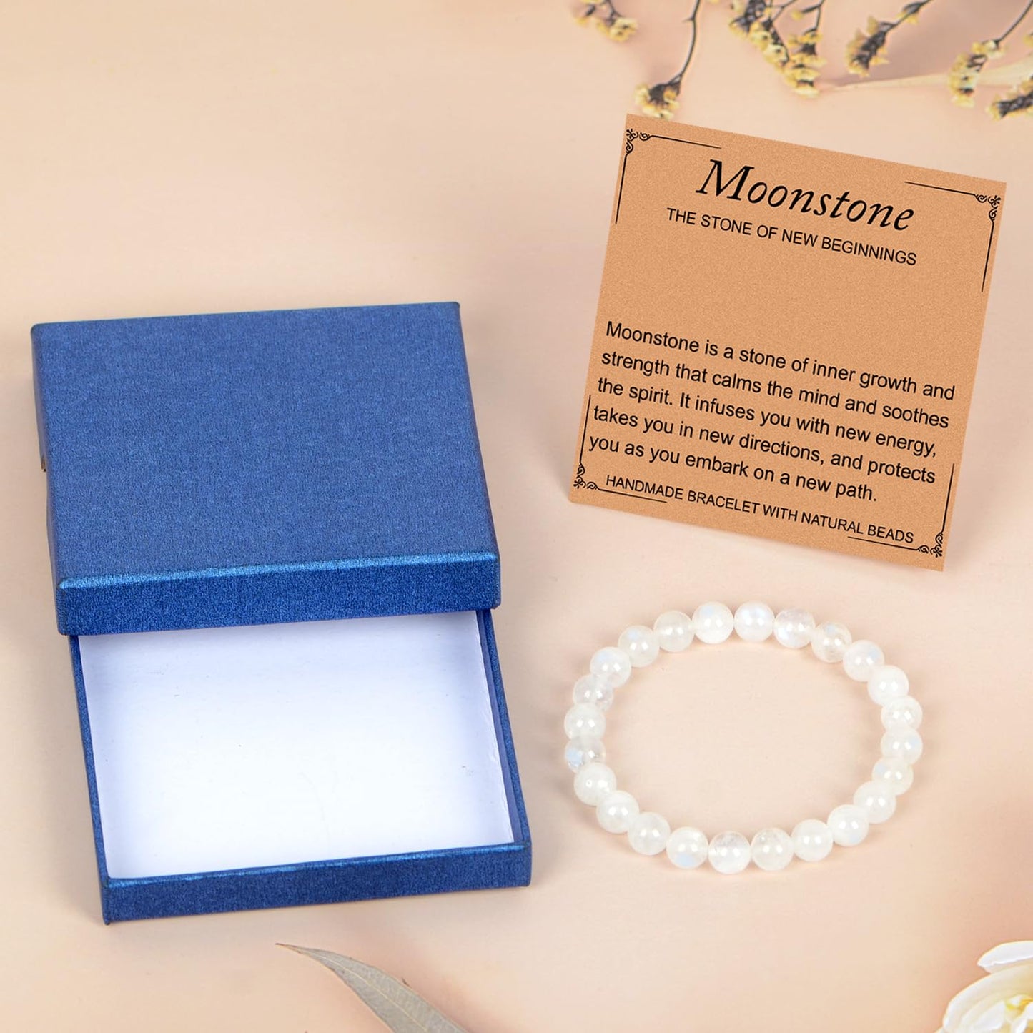 LPBeads Handmade Natural Gemstone Stretch Elastic 8mm Moonstone Bracelet Healing Crystal Round Stone Beads Jewelry Gifts for Women Men