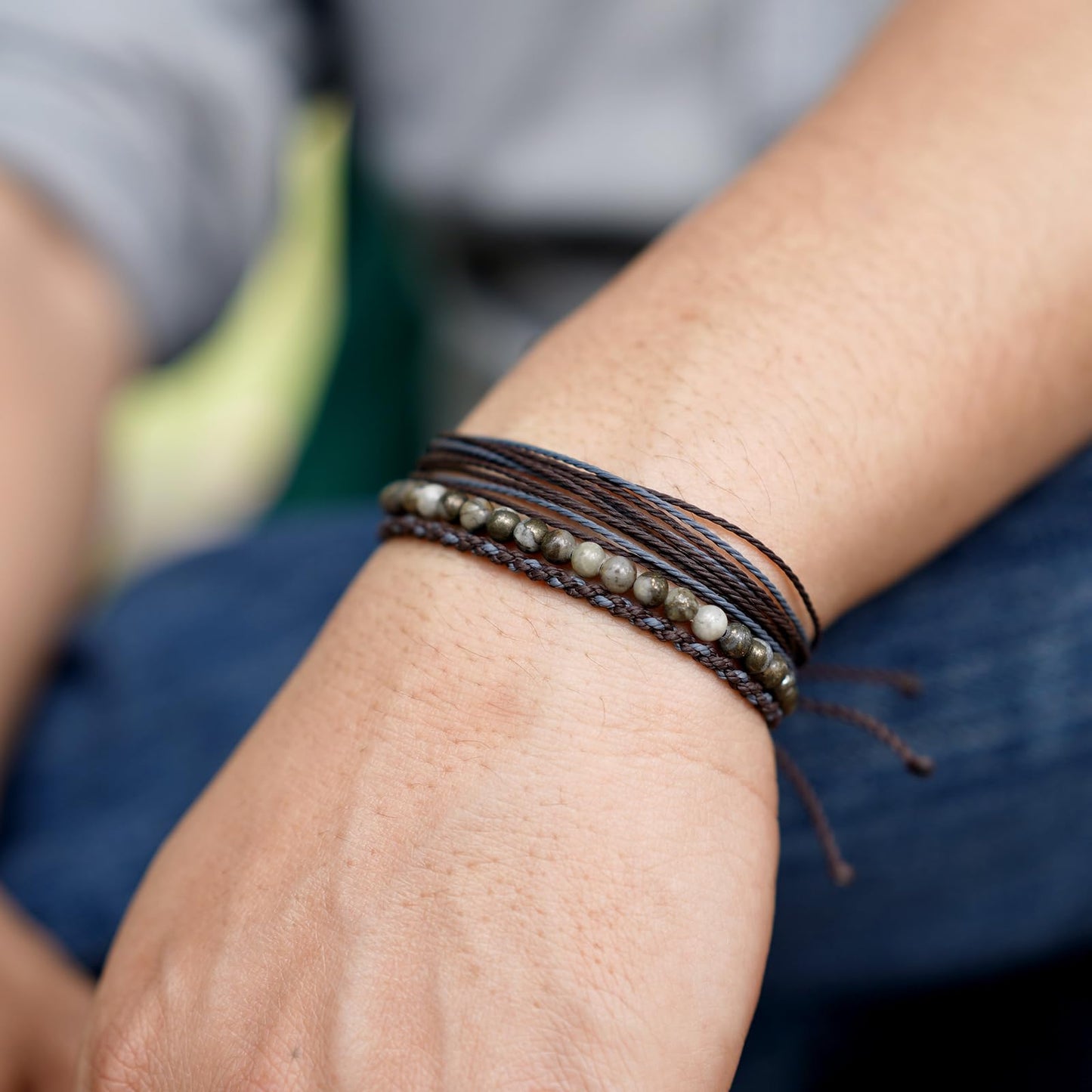 Handmade Natural Stone Beaded Healing Bracelet Gift for Men Adjustable Rope String Bracelet (Pyrite associated with white quartz ore)