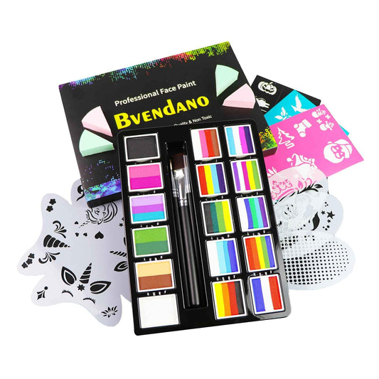 BVENDANO 16x10 gm Face Paint Professional Face Painting Kit for Adults with Stencils, Water Based Facepaint One Stroke Split Cake Palette Rainbow Body Paint Party Halloween Makeup Set
