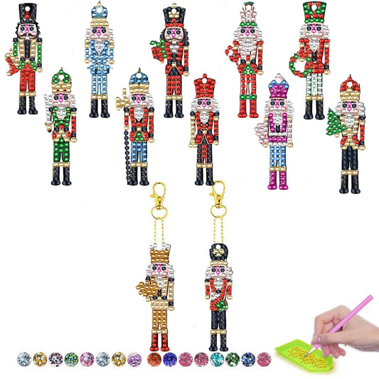 12 Pcs Christmas 5D DIY Diamond Art Painting Keychains Kits for Adult Beginners. Double Sided Hanging Christmas Soldier Keychains and Ornaments for Decoration Gifts (key09)