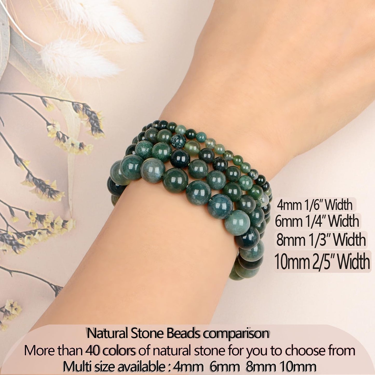 LPBeads Handmade Natural Gemstone Stretch Elastic 8mm Moss Agate Bracelet Healing Crystal Round Stone Beads Jewelry Gifts for Women Men