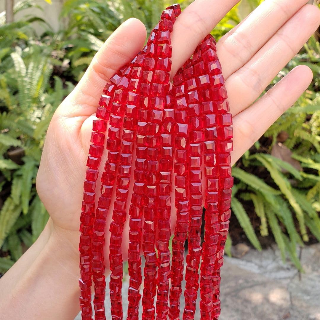 200pcs Czech Faceted Cube Crystal Glass Loose Beads Spacer Bulk 6mm (0.24 Inch) Light Siam red for DIY Jewelry Craft Making CCC606