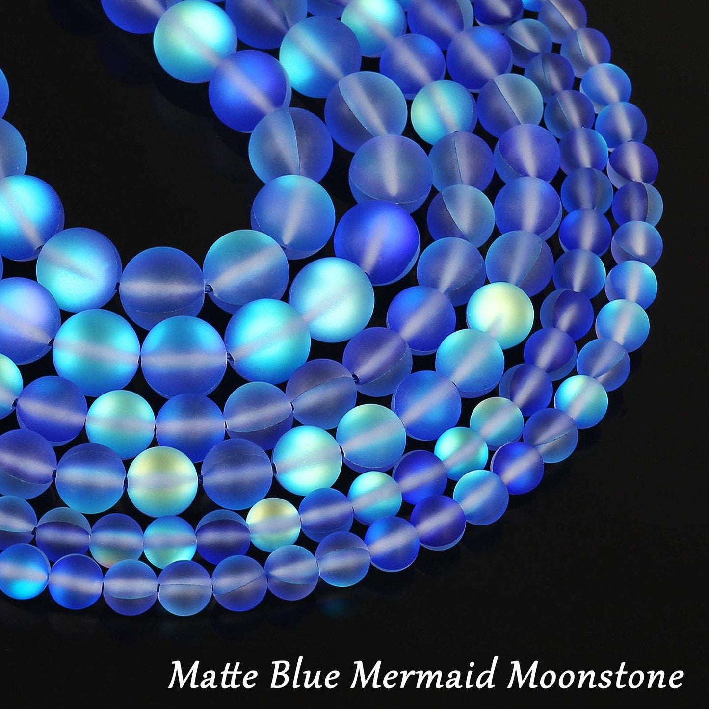 Matte Blue Aurora Crystal Glass Beads, 8MM Frosted Glitter Shining Mermaid Round Loose Beads, Rainbow Holographic Synthetic Moonstone for Jewelry Making DIY Bracelet