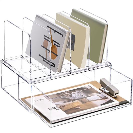 YUXUN Desk Organizer with Drawers, Acrylic File Organizer with 4 Vertical File Holders and 1 Sliding Drawer,Multifunction Desktop Accessories Storage for Home Office&School, Clear