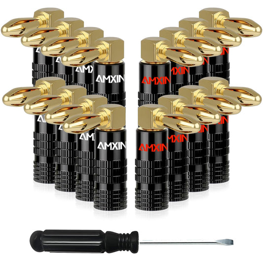 Amxinwang (8 16 24K Right Angle Banana Plugs Pairs, Pieces), Closed Screw Gold Plated Speaker Connectors for Speaker