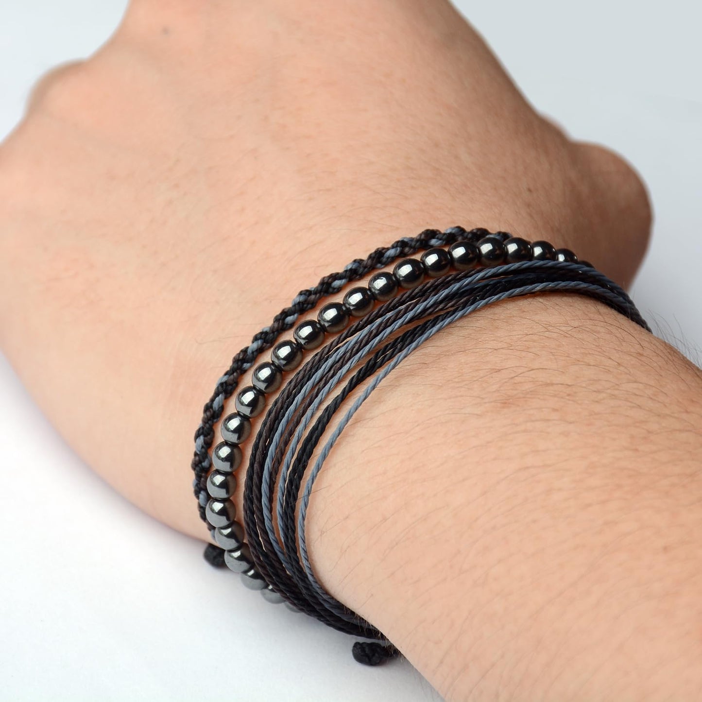 Handmade Natural Stone Beaded Healing Bracelet Gift for Men Adjustable Rope String Bracelet (Hematite, Adjustable)