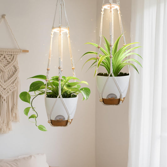 Hanging Planters for Indoor Plants: 2 Pack Macrame Plant Hangers with Grow Lights and Self-Watering Pots, Large Hanging Pots with Drainage Holes & Removable Tray（8in White Pot, Daylight Spectrum）