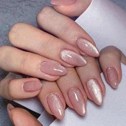 Almond Press on Nails Medium Fake Nails Pink False Nails with Designs Glitter Glossy Full Cover Acrylic Glue on Nails Artificial Stick on Nail Press ons for Women Cat Eye Manicure 24Pcs
