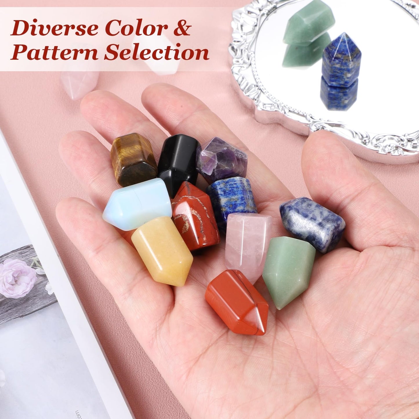 MECCANIXITY Crystals Wands Moonstone Hexagonal Faceted Single Points Towers Pocket Polished Stone Bulk for Energy Chakra Meditation Crystal Healing, 15 x 25mm (Milk White),5Pcs