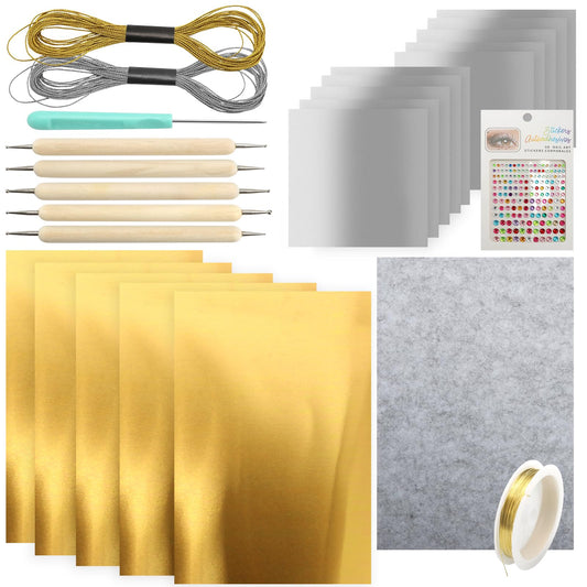 15PCS Gold Leaf Sheets Art Craft Kit, Gold & Silver Aluminum Sheets with Engraving Tools Copper Wire Pcsgem Stickers for Painting Gilding Crafting Decoration, 7.9 X 11.8 Inches (Gold)