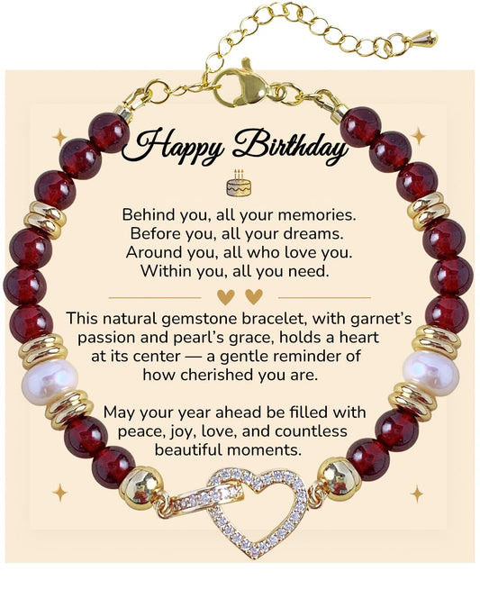 YEETONDA Four Leaf Clover & Heart Natural Gemstone Rainbow Bracelets Jewelry 16th 21st 30th 40th 50th 60th 70th 80th Birthday Gifts For Women Mom Sister Friend Daughter Niece(Garnet)