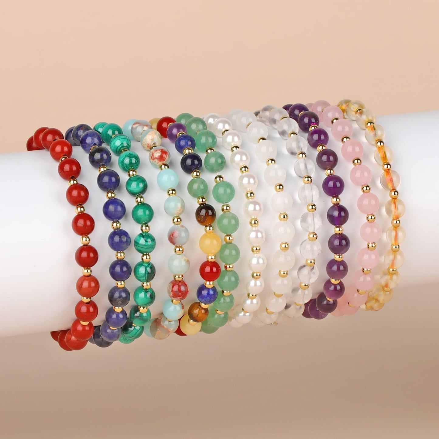 QOGIR 7 Chakra - Activate The Chakras - 14K Gold Plated Beads Natural Gemstone Stretch Elastic Dainty Healing Beaded Bracelets Gifts 6mm
