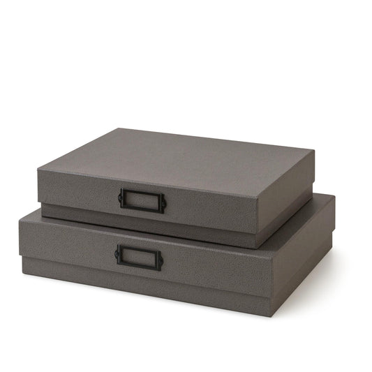 Soul & Lane Decorative Storage Boxes with Lids - Set of 2, Legal Size and A3 Document Boxes for Art and Scrapbooks with Metal Label Holder, Cardboard Photo Storage for Keepsakes & Memories, Gray