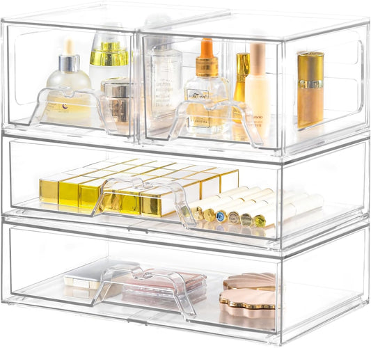 Stebopum Clear Acrylic Storage Drawers - 4 Pack Stackable Makeup Organizer for Bathroom & Vanity