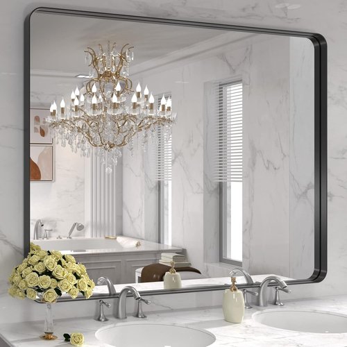 LOAAO Black Metal Framed Bathroom Mirror - Large Rounded Rectangle, Anti-Rust, 48x36 Inch, Versatile Hanging Options