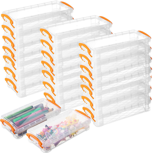 Gueevin 24 Pcs Large Capacity Plastic Pencil Box Clear Plastic Pencil Case Crayon Box with Snap Tight Lid Watercolor Pen Storage Brush Organizer Drawing Tools Container (Orange)