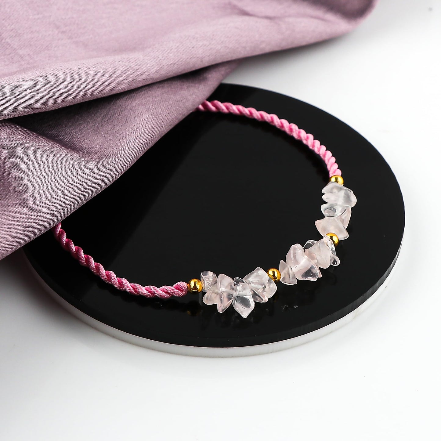 GEMSYMPHONY Rose Quartz Gemstone Chips Rope Bracelet – Adjustable Handmade Crystal Chip Bead Bracelet for Women & Men, Natural Stone Healing Jewelry, Boho Style, Unisex Spiritual Gift (Rose Quartz)