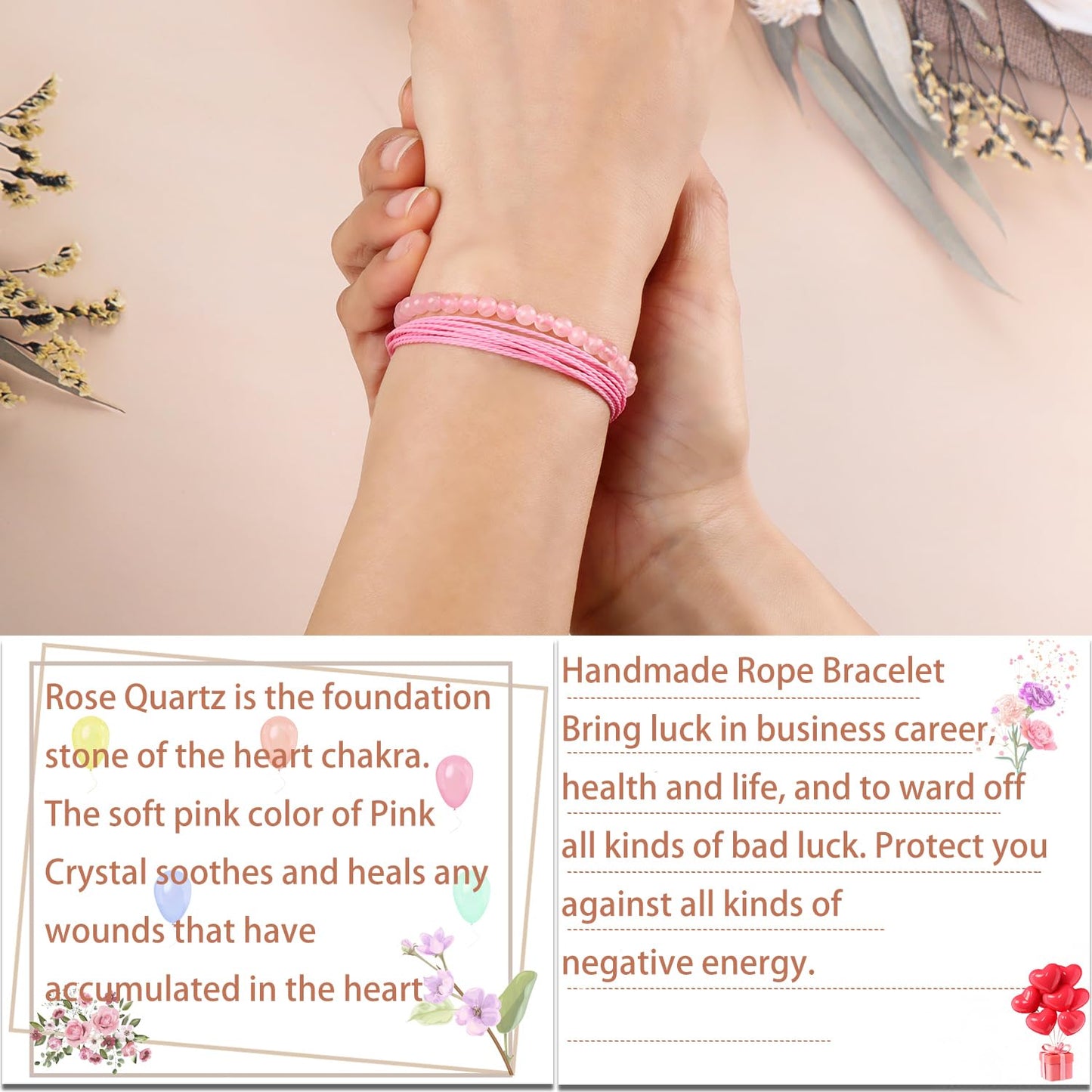 LPBeads 4mm Rose Quartz Bracelet with Handmade Rope Bracelet Size Adjustable Natural Stone Crystal Healing Bracelets Gifts for Unisex Adults