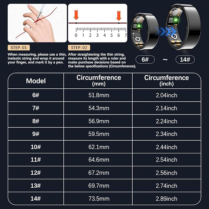 Ring Health Tracker for Women Men, Fit Ring with Heart Rate, Blood Oxygen, Sleep Monitor, Calories, Step Counter, IP68 Waterproof Smart Ring for iPhone & Android, No Subscription Fee (Black, 11#)