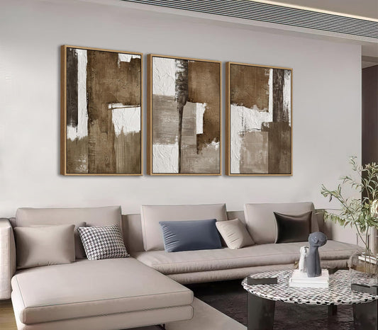 Shoci Large Framed Abstract Brown and White Canvas Wall Art Modern Color Blocks Texture Picture Print Natural Float Framed Rustic Artwork Decor for Living Room Bedroom Office 16X24 Inch Set of 3