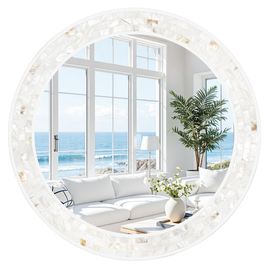 Tanmicoshomy Round Wall Mirror 24 Inch,Circle Mosaic Mirror with Natural Mother of Pearl and Wood Frame, Decorative Coastal Round Wall Mirror for Bathroom Bedroom Living Room Entryway