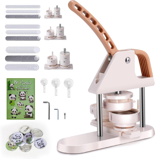 3-in-1 Button Maker Machine for 1/1.25/2.28 inch (25/32/58mm) Badges | Ergonomic Arc Handle Press Kit with 300pcs Button Parts | Includes Circle Cutter & Guidebook for DIY Crafts and Gifts